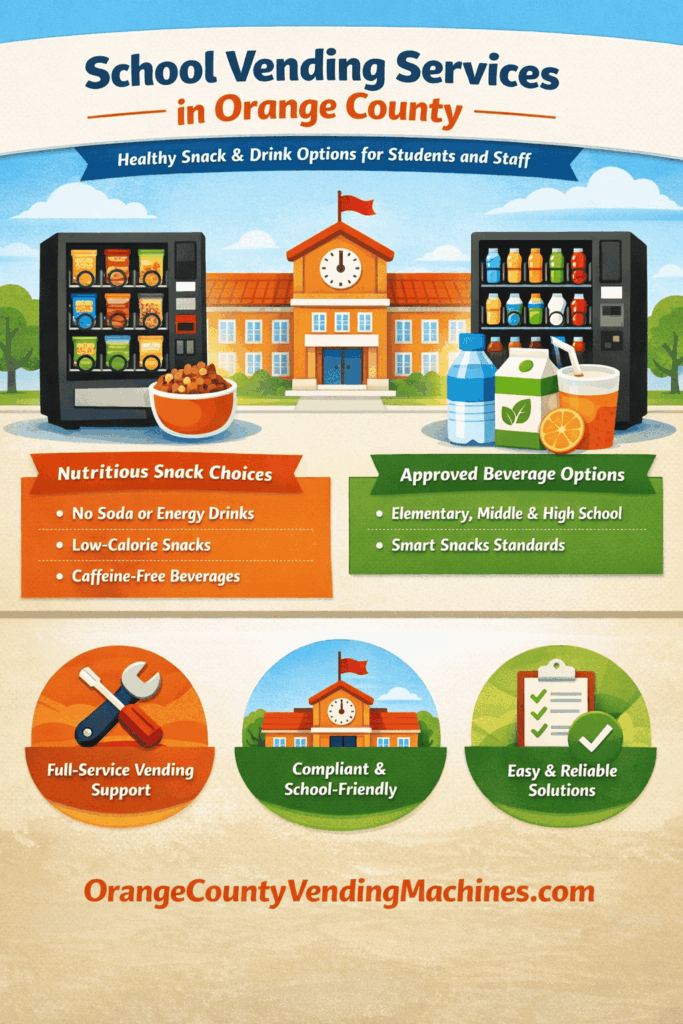 Infographic about school vending services in Orange County featuring school-friendly snack and drink machines, approved beverage and snack options, full-service vending support, and OrangeCountyVendingMachines.com at the bottom.