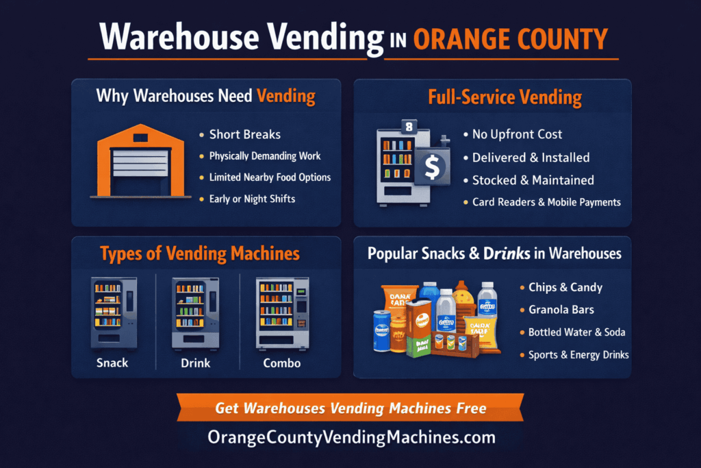 Warehouse vending service infographic in Orange County showing full-service vending, vending machine types, and popular snacks and drinks for warehouses.