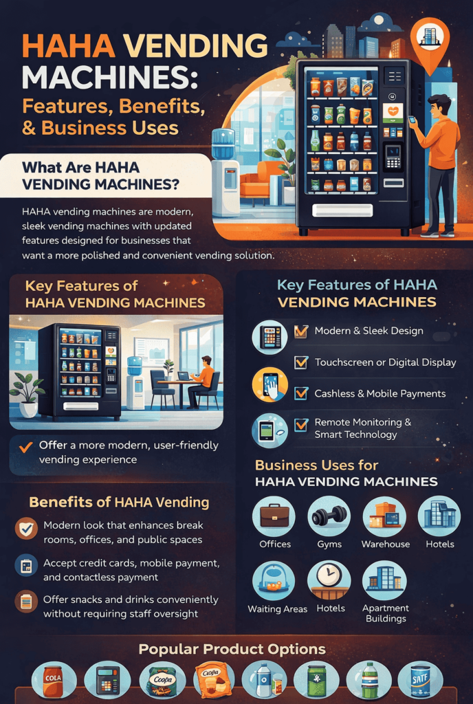 Infographic about HAHA vending machines showing their features, benefits, business uses, modern design, payment options, and common product types.