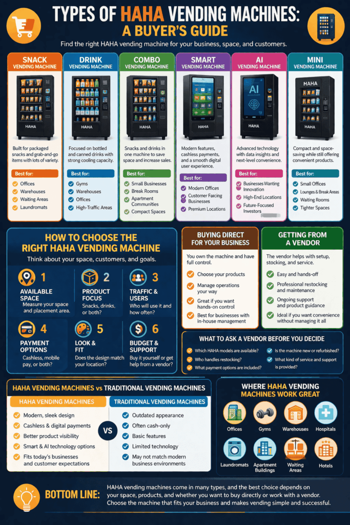 Infographic titled Types of HAHA Vending Machines: A Buyer’s Guide, showing snack, drink, combo, smart, AI, and mini vending machine types, buying considerations, vendor options, and business use examples.