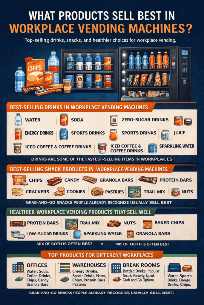 Infographic about the best-selling products in workplace vending machines, featuring popular drinks, snack items, healthier options, and top product categories for different workplace settings.