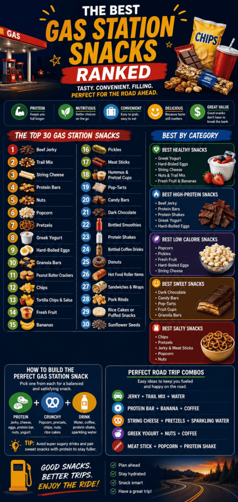 Infographic ranking the best gas station snacks, including beef jerky, trail mix, string cheese, protein bars, nuts, popcorn, pretzels, Greek yogurt, hard-boiled eggs, chips, candy bars, and healthy snack options.