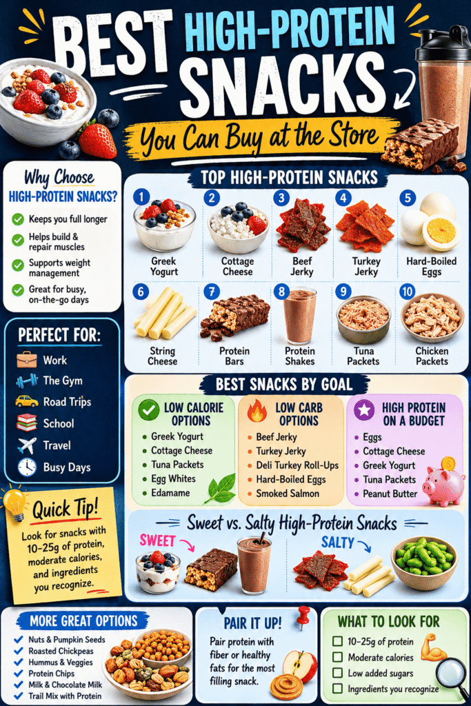 Infographic showing the best high-protein snacks you can buy at the store, including Greek yogurt, cottage cheese, beef jerky, turkey jerky, hard-boiled eggs, string cheese, protein bars, protein shakes, tuna packets, chicken packets, edamame, nuts, and low-calorie snack options.