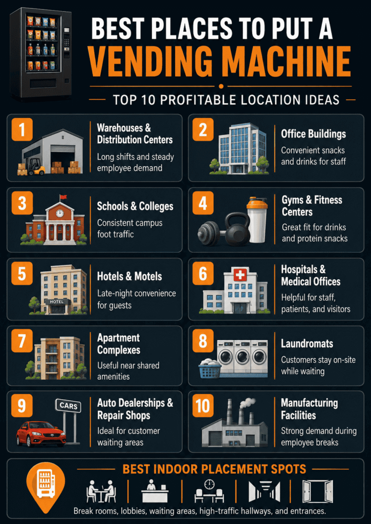 Infographic showing the best places to put a vending machine, including warehouses, offices, schools, gyms, hotels, hospitals, apartments, laundromats, auto shops, and manufacturing facilities.