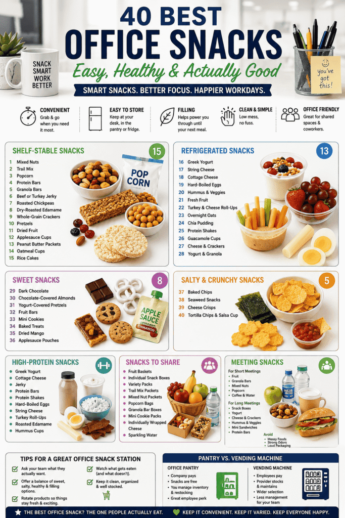 Infographic showing 40 best office snacks, including healthy, high-protein, shelf-stable, refrigerated, sweet, and salty options.