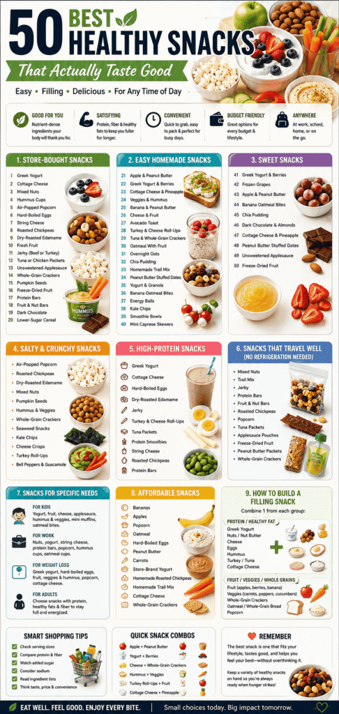 Infographic showing 50 healthy snacks, including homemade, store-bought, sweet, salty, high-protein, affordable, and no-refrigeration snack ideas.