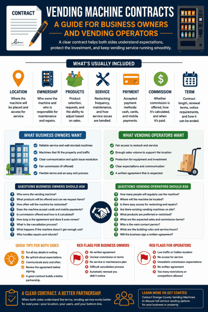 Infographic explaining vending machine contracts for business owners and vending operators, including machine placement, ownership, products, service, payment options, commission terms, contract length, key questions, and red flags.